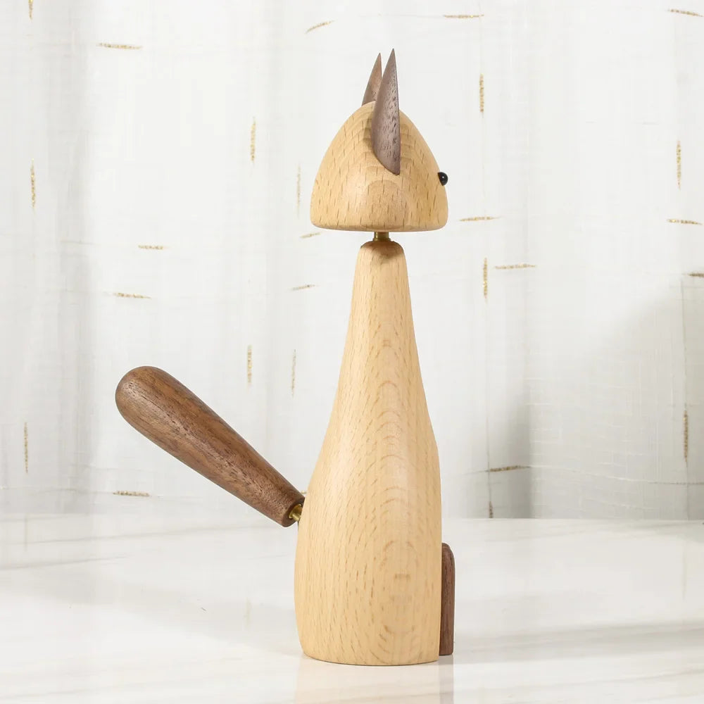Afralia™ Nordic Wood Cat Figurines Rotatable Craft Decor Fashion Handicrafts