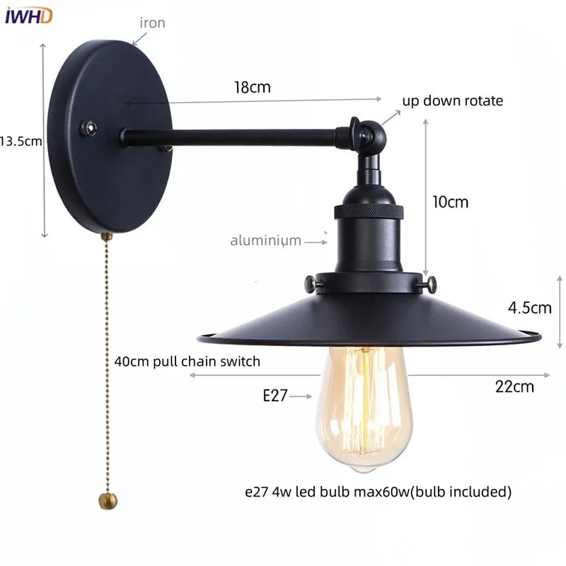 Afralia™ Loft LED Wall Lamp with Gold Pull Chain Switch for Vintage Industrial Style