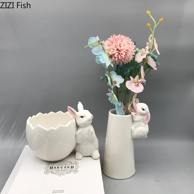 Afralia™ Lovely Rabbit Ceramic Vase Pot for Floral Arrangement, Table Decor & Aesthetic Room Appeal