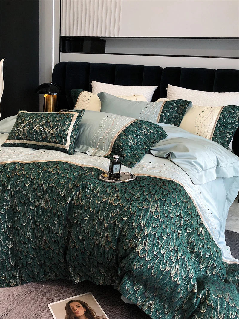 Afralia™ Vintage Luxury Feather Jacquard Bedding Set, 1000TC, Patchwork Embroidery Design