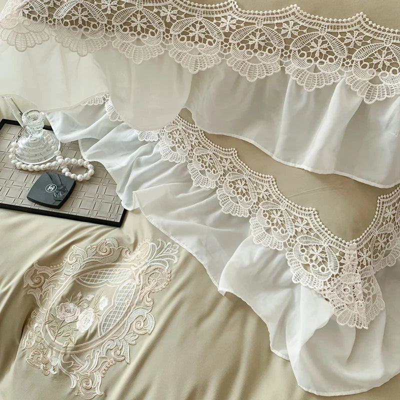 Afralia™ Matcha Green French Chiffon Lace Queen Bedding Set with Ruffles & Embroidery
