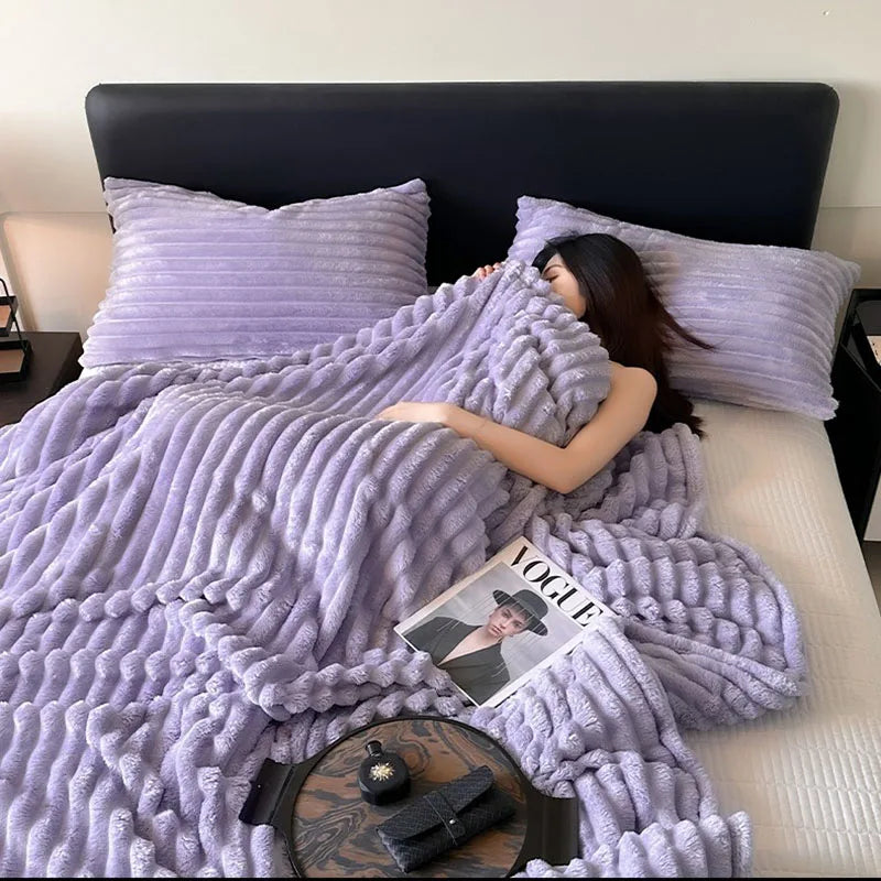 Afralia™ Cozy Coral Fleece Striped Solid Blanket for Winter Sofa Cover Queen King Sizes