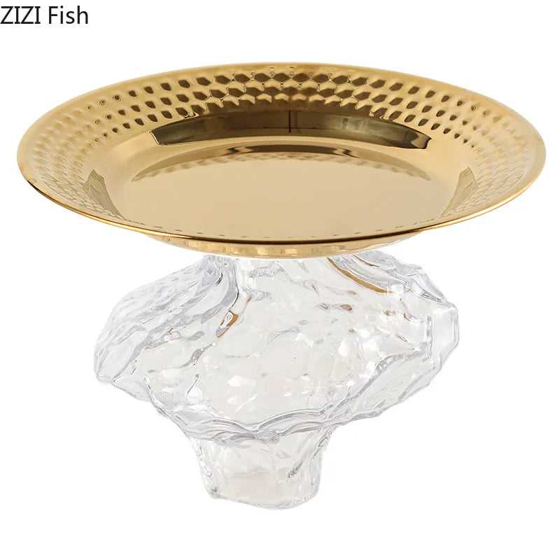 Afralia™ Glass Fruits Bowl Gold Plated Breakfast Dinner Plates Hotel Restaurant Fruit Plate