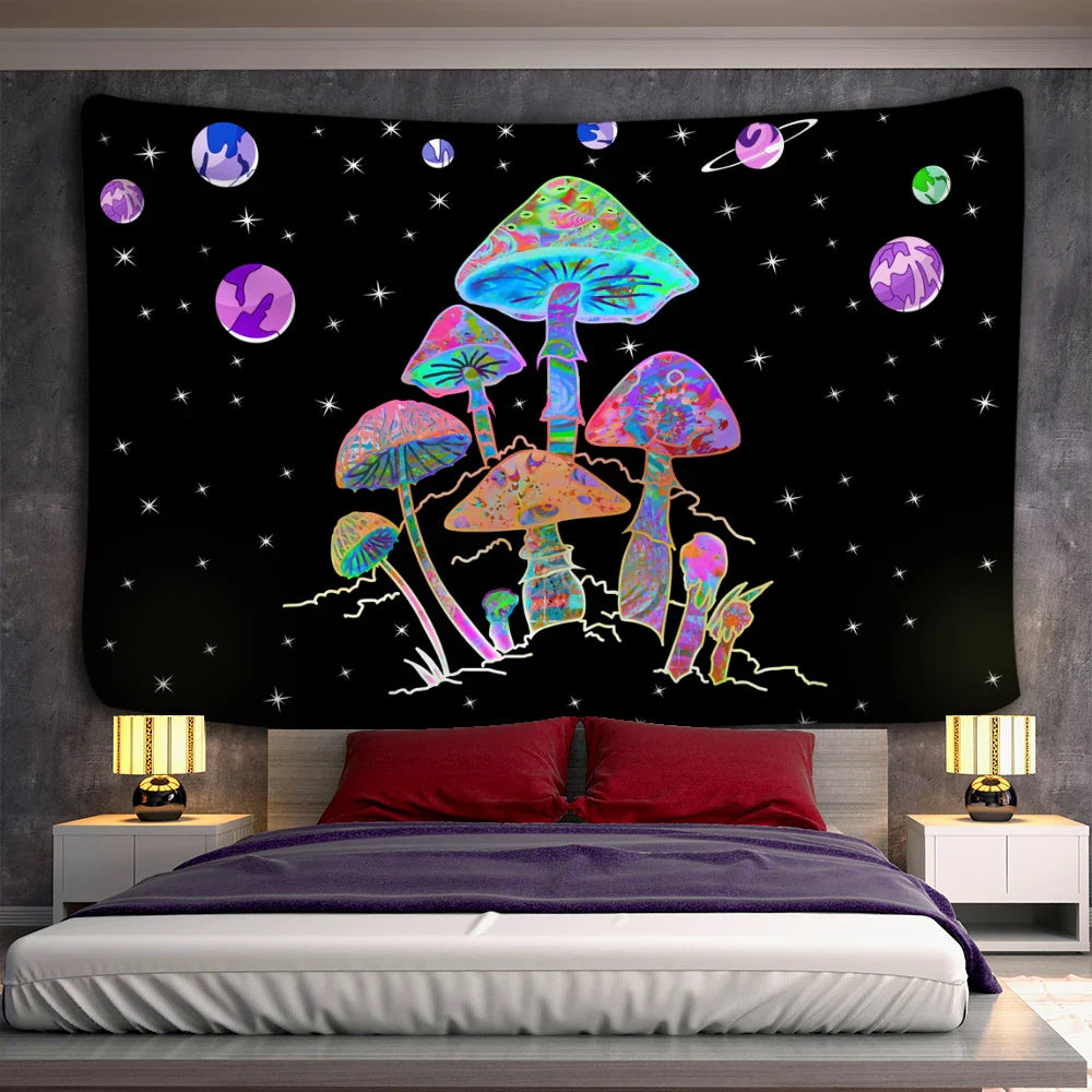 Afralia™ Cartoon Planet Mushroom Tapestry Wall Hanging for Psychedelic Room Decor