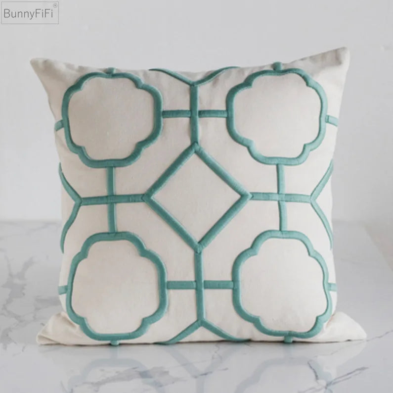 Afralia™ Geometric Embroidery Cushion Cover Navy Blue White Yellow 50x50cm Home Decor Pillow