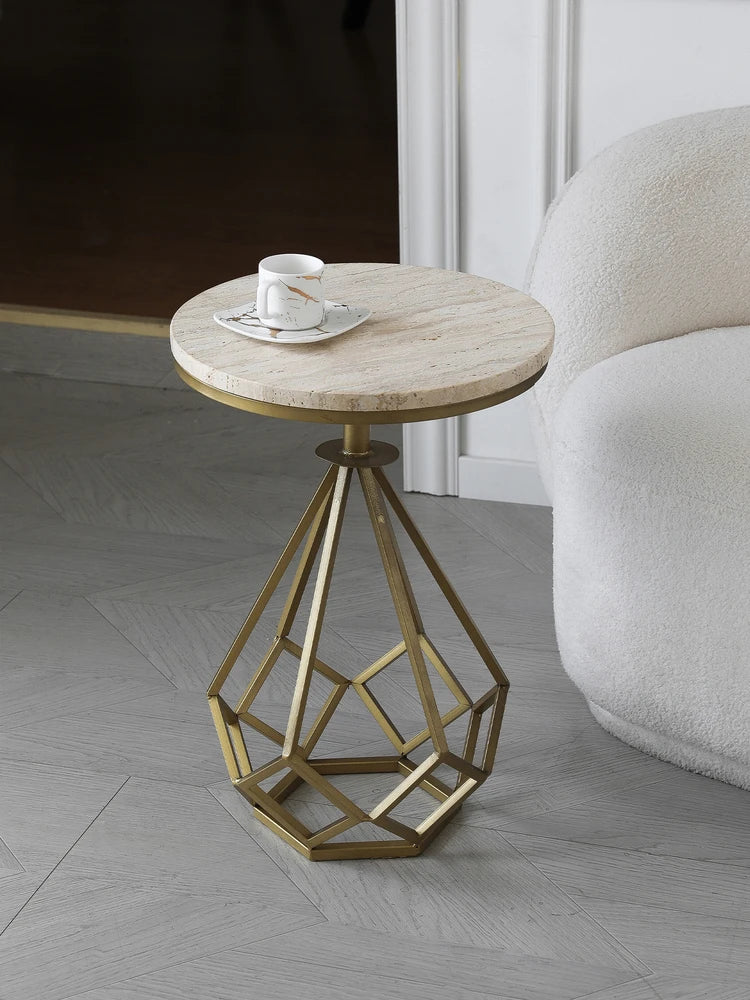 Afralia™ Travertine Side Table with Metal Base, Vintage End Table for Small Spaces