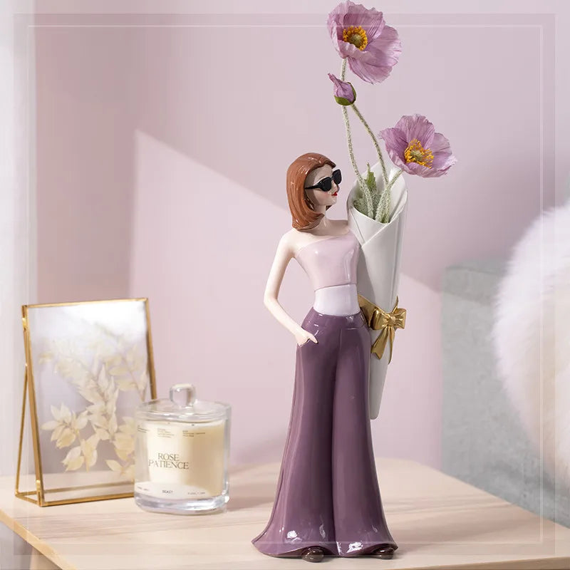 Afralia™ Modern Girl Vase & Resin Ornaments for Home & Office Decor, Crafted Figurines & Garden Statue