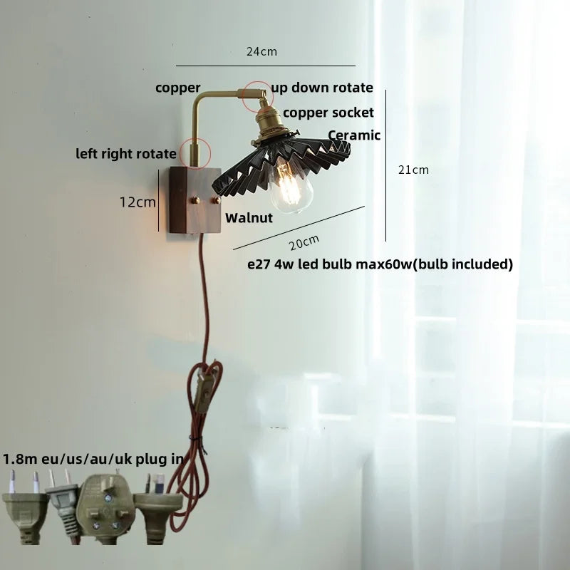 Afralia™ Nordic LED Walnut Wood Wall Lamp with Rotating Ceramic Copper Pull Chain Switch
