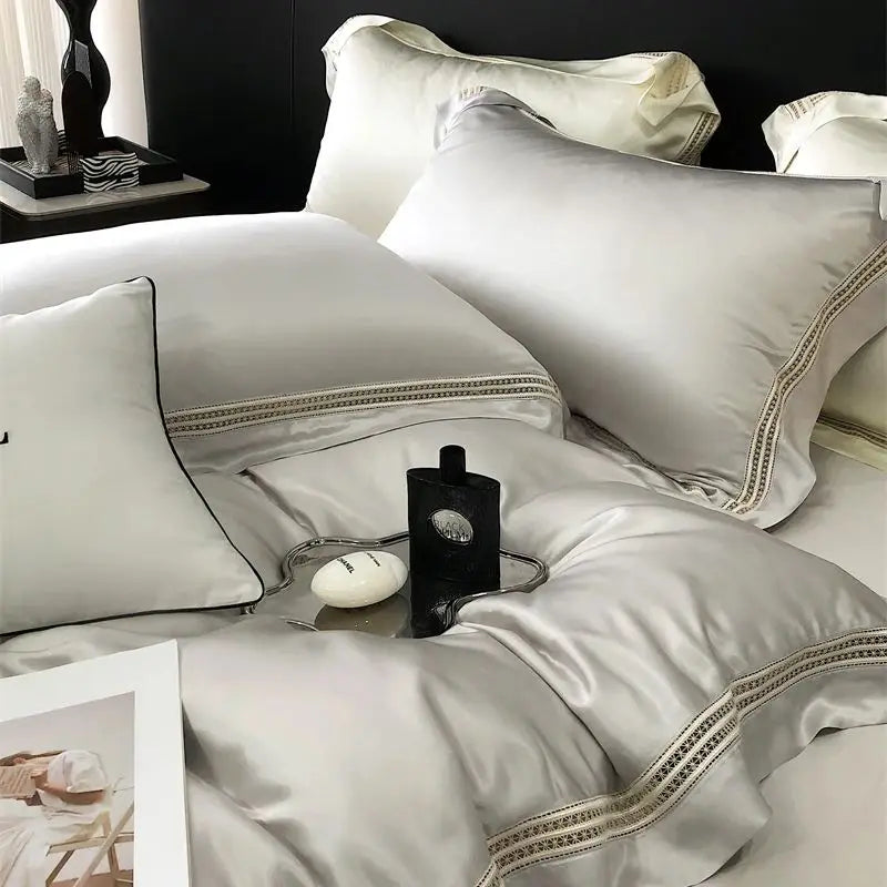 Afralia™ Luxury Lace Edge Bedding Set: Duvet Cover, Bed Sheet, Fitted Sheet, Pillowcases