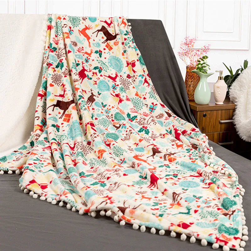 Afralia™ Christmas Flannel Blanket with Plush Ball - Multi-Functional Winter Shawl & Cushion