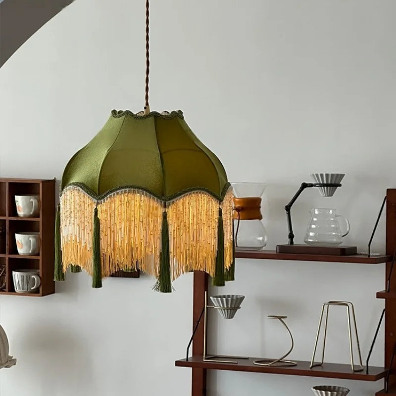 Afralia™ Green Tassel LED Pendant Light - American Vintage Hanging Lamp for Home and Café.
