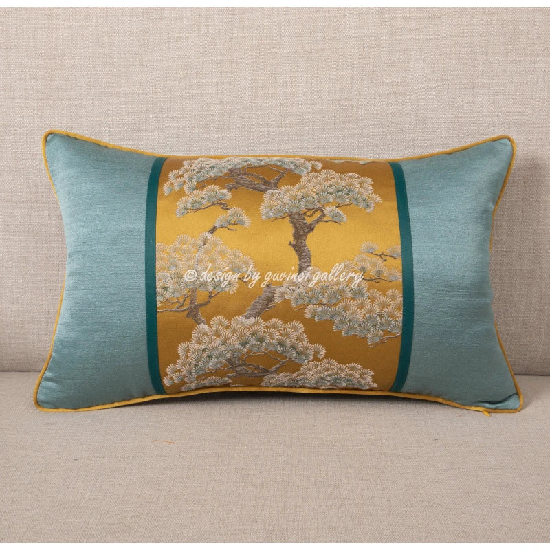 Afralia™ Luxury Gold Silk Satin Pine Tree Throw Pillowcase