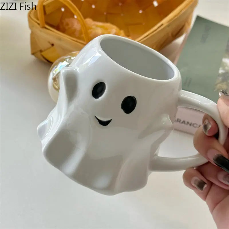 Afralia™ Cute Ghost Ceramic Mug Set for Coffee, Tea, and Milk