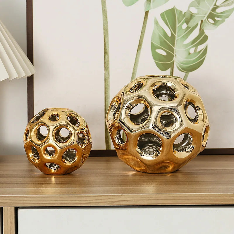Afralia™ Geometric Golden Hollow Abstract Sphere Sculpture Decor for Home