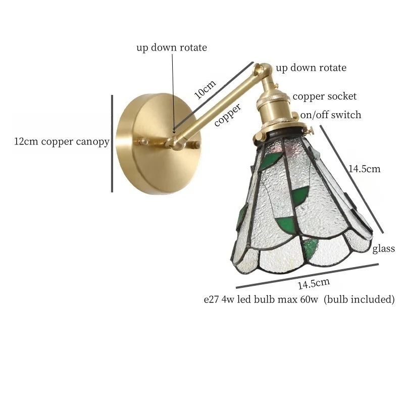 Afralia™ Tiffany Glass LED Wall Lamp Pull Chain Switch Vintage Copper Wall Lights