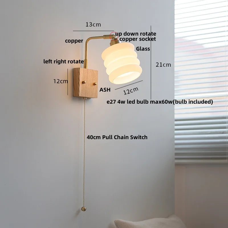 Afralia™ Walnut Wood Rotatable LED Wall Sconce White Glass Bedside Lamp