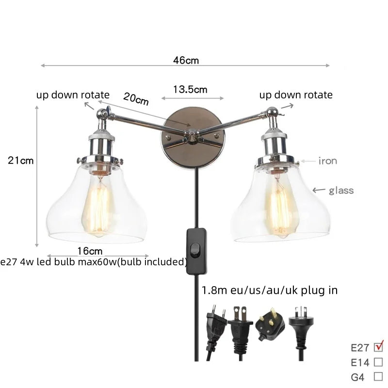Afralia™ 2 Head LED Wall Lamps Iron Glass Bedroom Stair Light Fixtures
