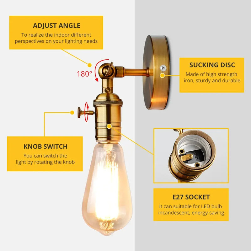 Afralia™ Retro Gold Wall Lamps - E27 Base Wall Lights for Industrial & Store Room Decor