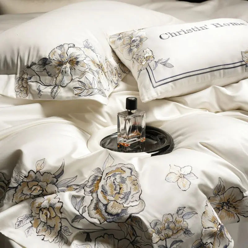 Afralia™ Luxe Embroidered Cotton Bedding Set: Duvet Cover, Pillowcases, Flat Sheet