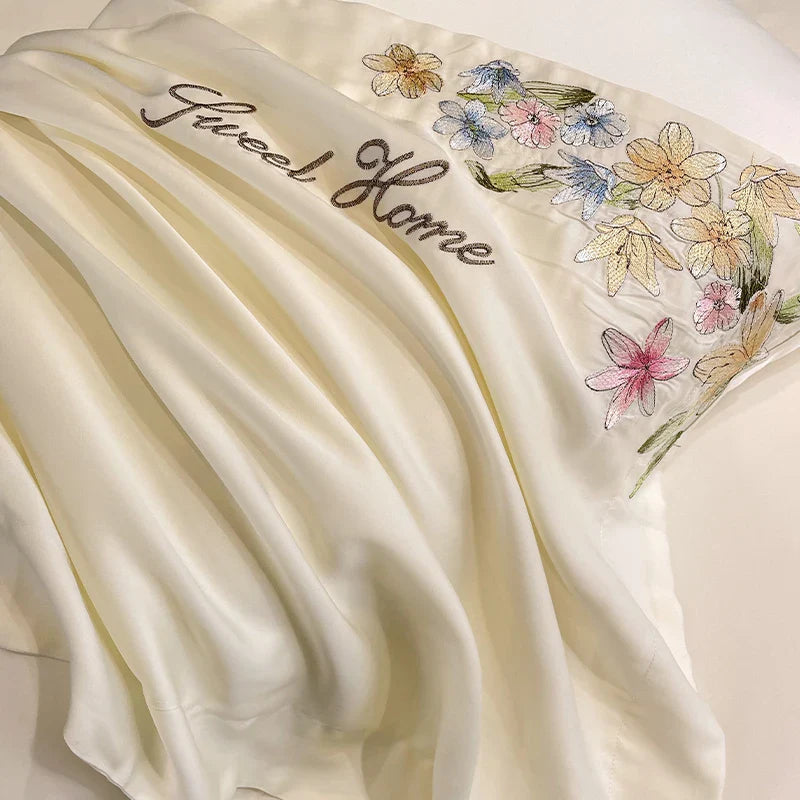 Afralia™ Flowers Embroidery Silky Duvet Set with Comforter Cover & Fitted Sheet