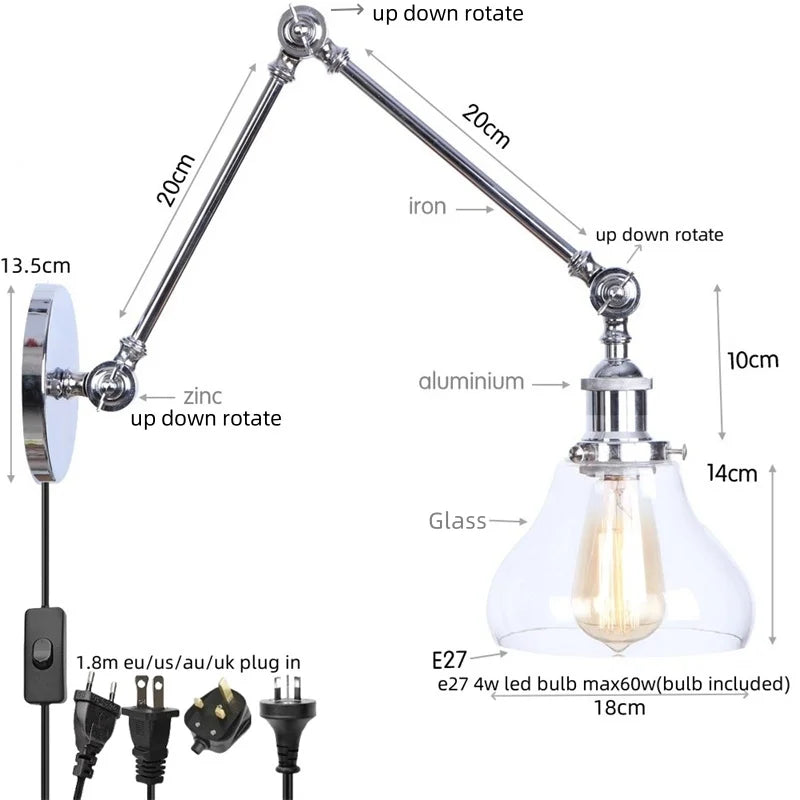 Afralia™ Chrome Industrial LED Wall Sconce Swing Arm Clear Glass Light