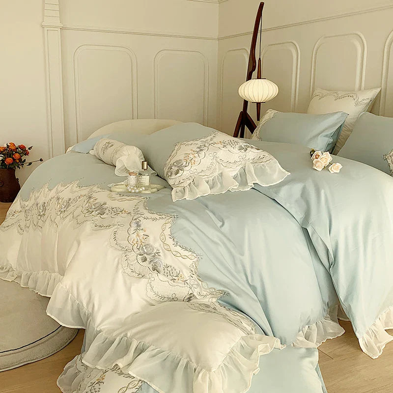 Afralia™ Romantic French Princess Bedding Set with Rose Embroidery & Ruffles
