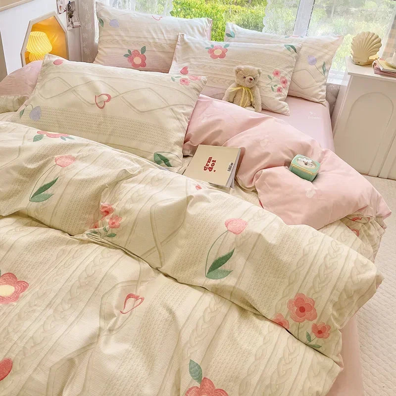 Afralia™ Double-Sided Floral Print Cotton Bedding Set - Queen Size Soft Duvet Cover Set