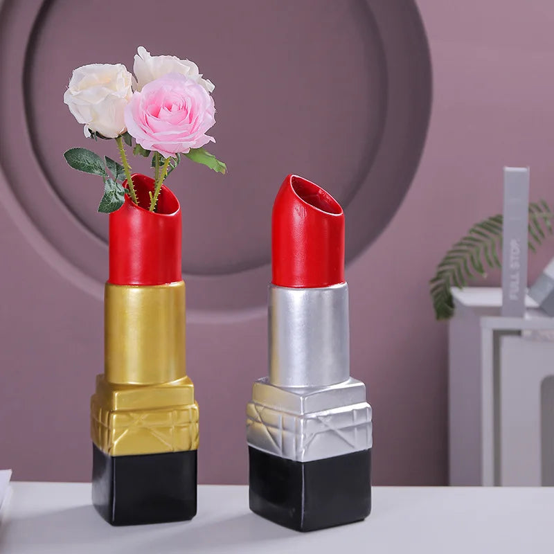 Afralia™ Lipstick Vase: Resin Cartoon Ornament for Room Decoration and Floral Arrangement