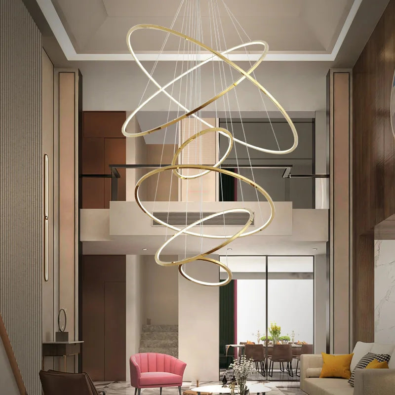 Afralia™ Stainless Steel Ring Living Room Chandelier, Duplex Staircase Inner Light-Emitting Lamps