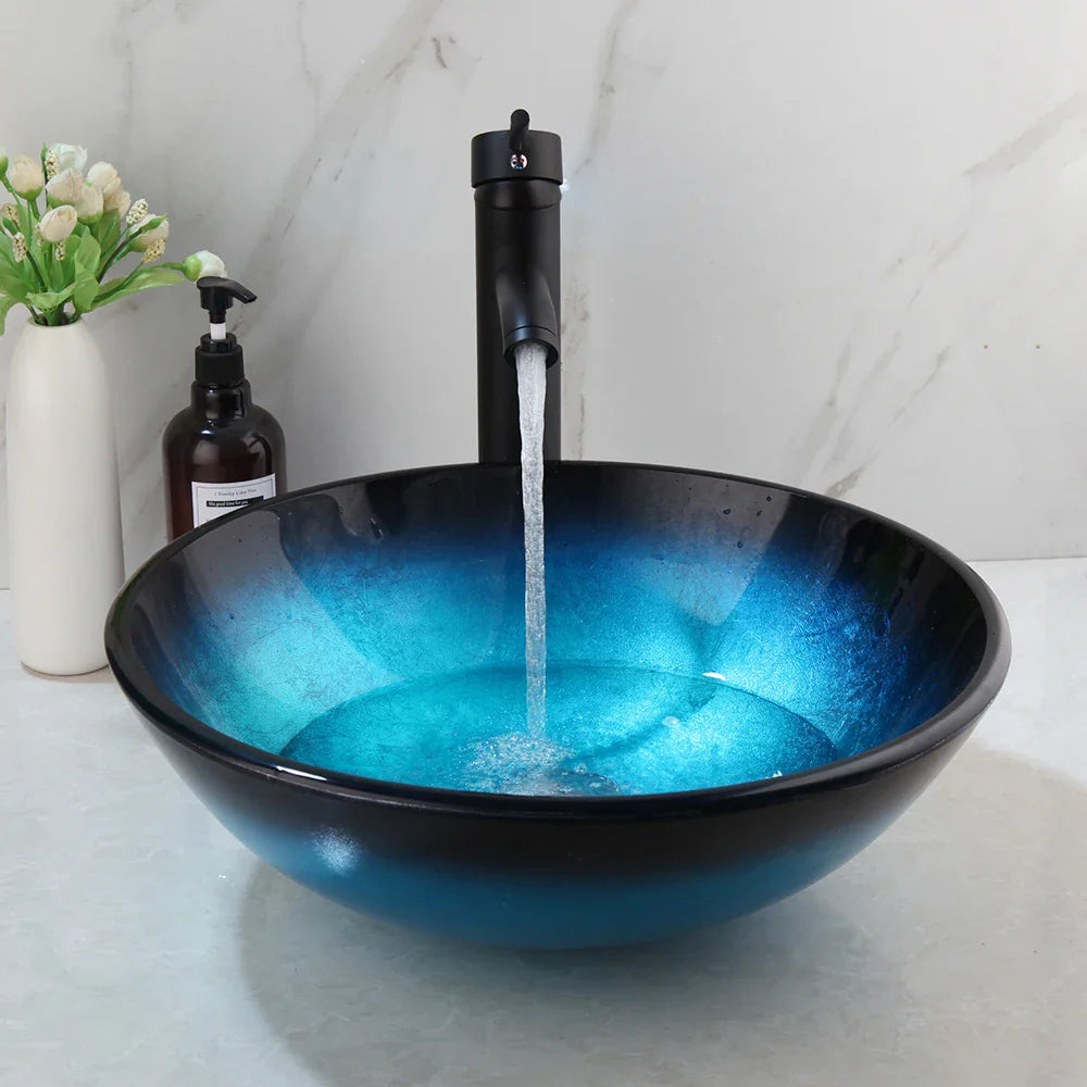 Afralia™ Bule Glass Sink Set with Matte Black Mixer Faucet Tap and Pop Drain