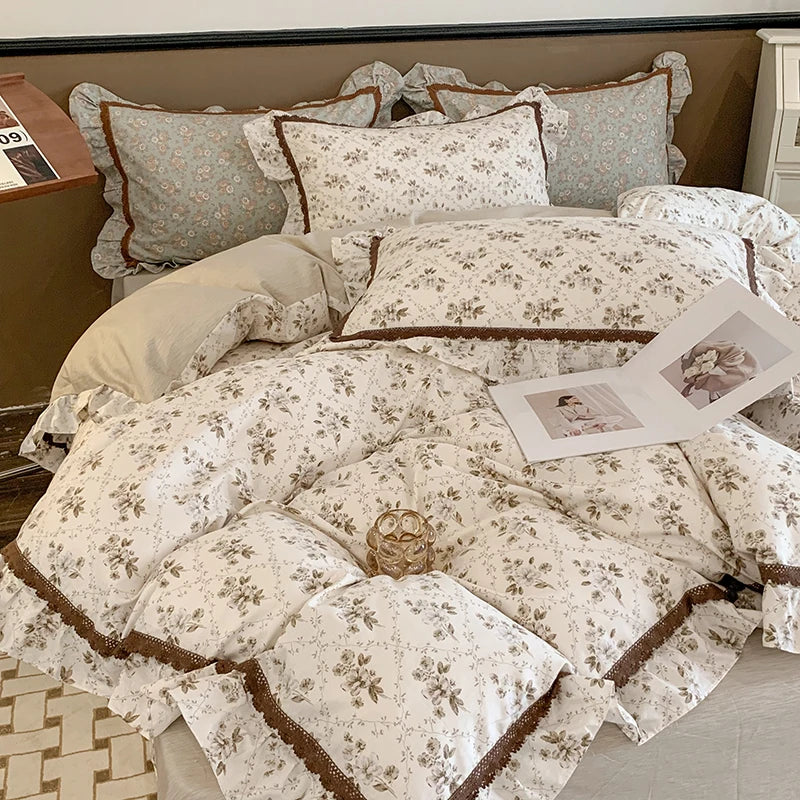 Afralia™ French Floral Bedding Set, 100% Cotton, Ruffles, Duvet Cover, Bed Sheet, Pillowcases