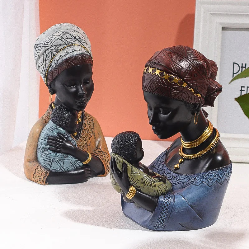 Afralia™ African Mother Child Abstract Statue Resin Figurine Ethnic Style Interior Decor