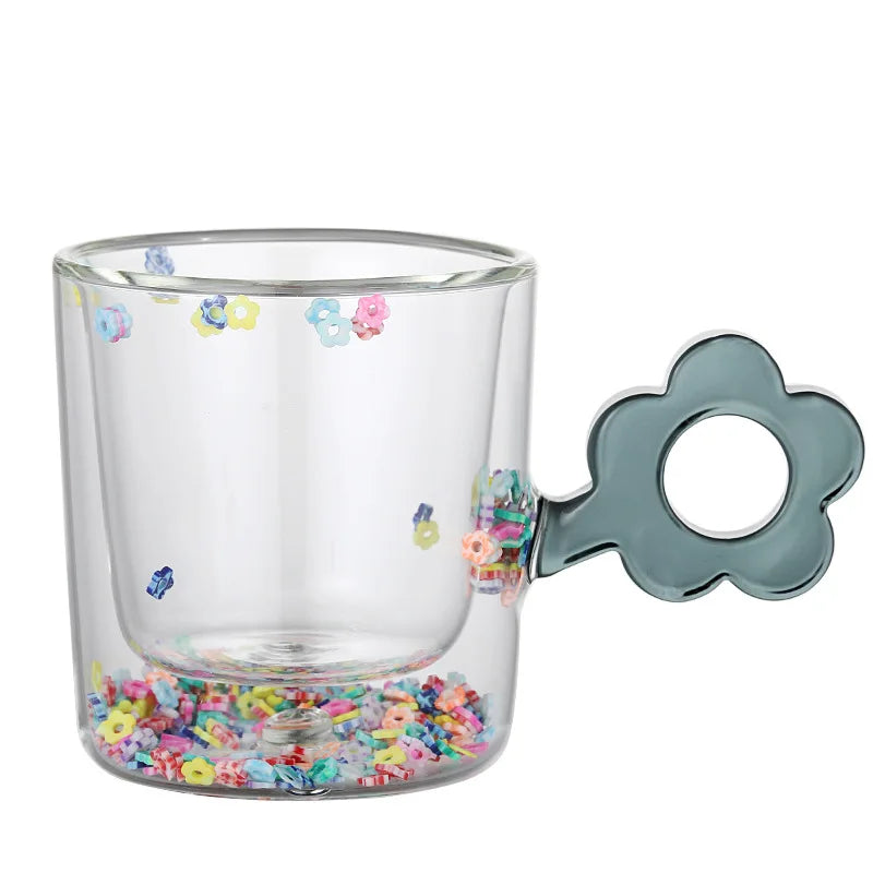 Afralia™ 250ml Double Wall Glass Mug with Glitter Flowers and Flower Handle