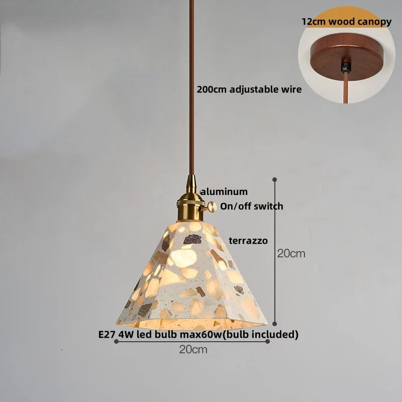 Afralia™ White Terrazzo Stone Copper LED Pendant Light Fixture - Wabi Sabi Design
