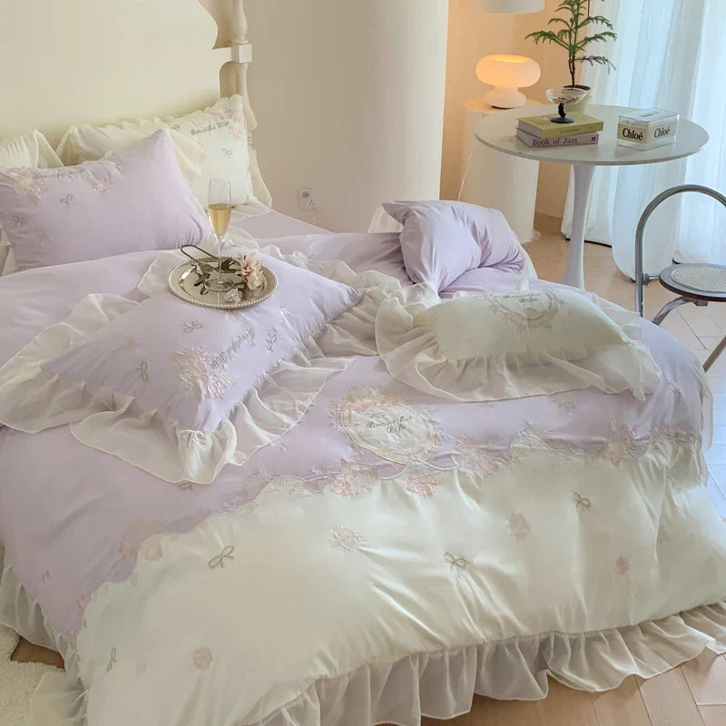 Afralia™ 4Pcs Flowers Embroidery Princess Queen Bedding Set with Lace Ruffles