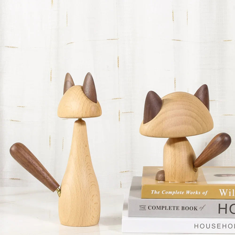 Afralia™ Nordic Wood Cat Figurines Rotatable Craft Decor Fashion Handicrafts