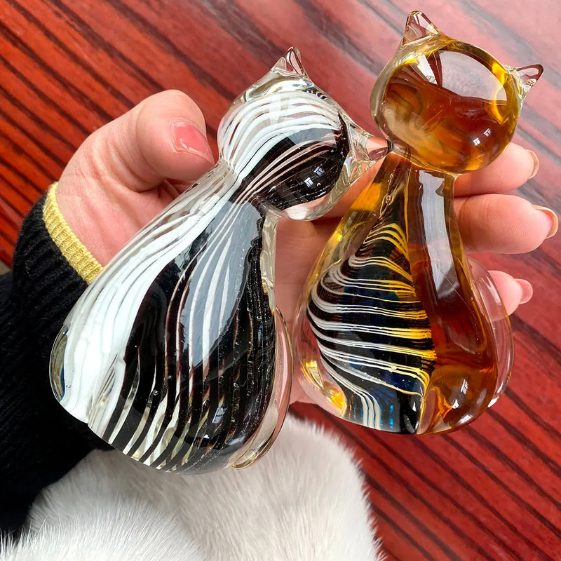 Afralia™ Hand Blown Glass Cat Figurine, Modern Art Crystal Sculpture, Cute Ornament