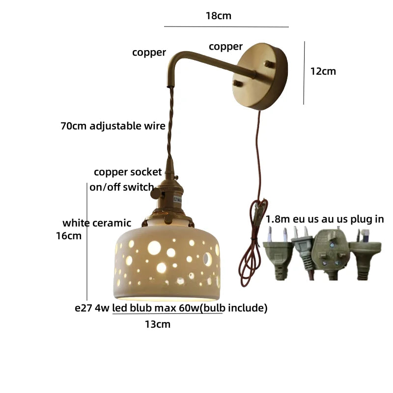 Afralia™ Ceramic LED Wall Sconce Light Fixture with Pull Chain Switch