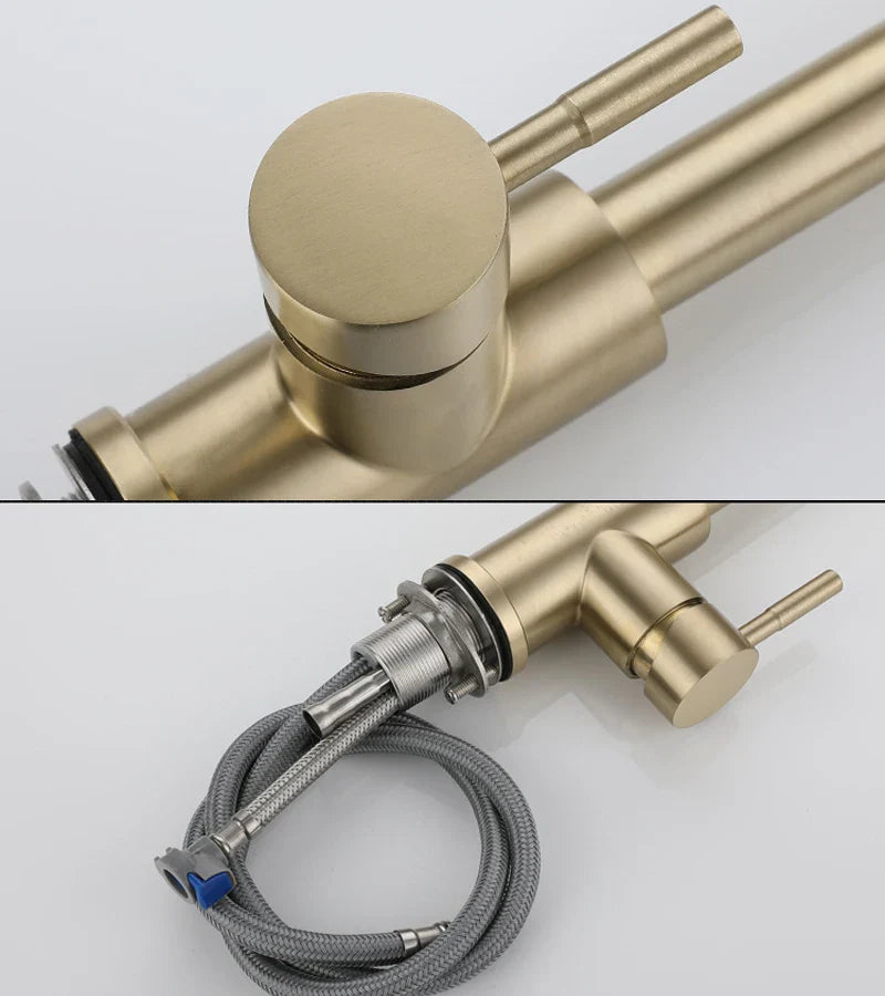 Afralia™ Brushed Gold Single Handle Pull Out Kitchen Faucet