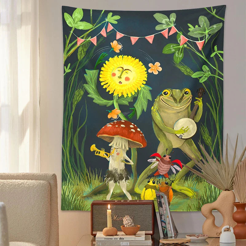 Frog Mushroom Tapestry Wall Hanging by Afralia™: Psychedelic Forest Animals Gathering Art Home Decor