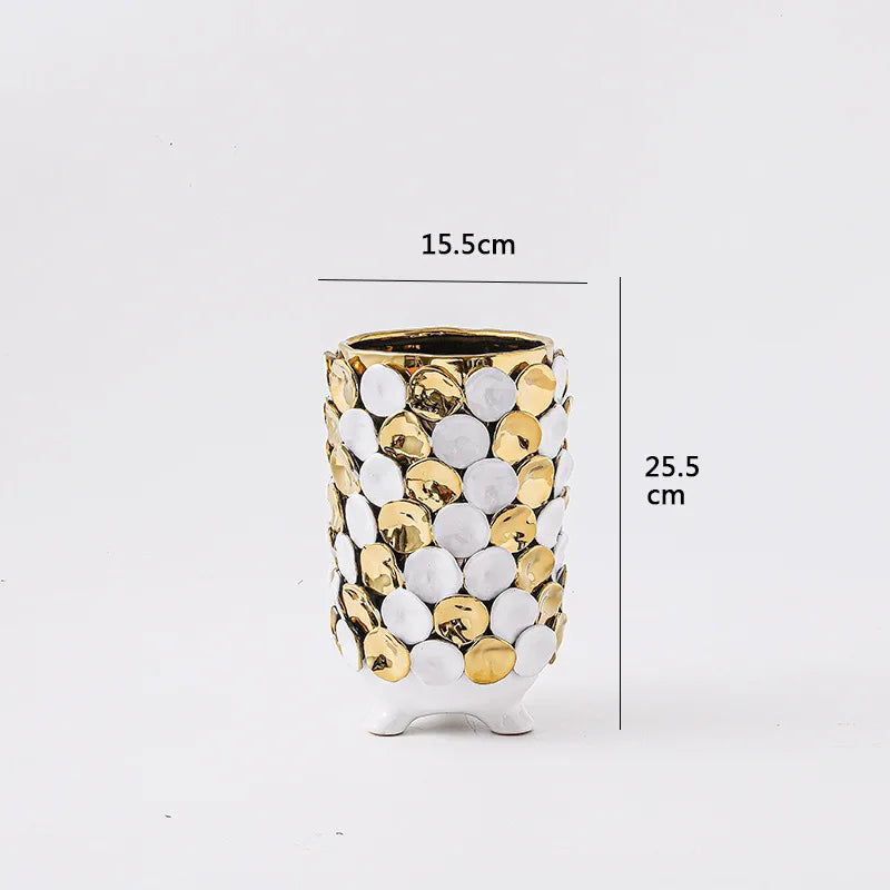 Afralia™ Geometric Gold Leaf Relief Ceramic Vase - Elegant Hand-Appliqued Flower Pot Home Decor