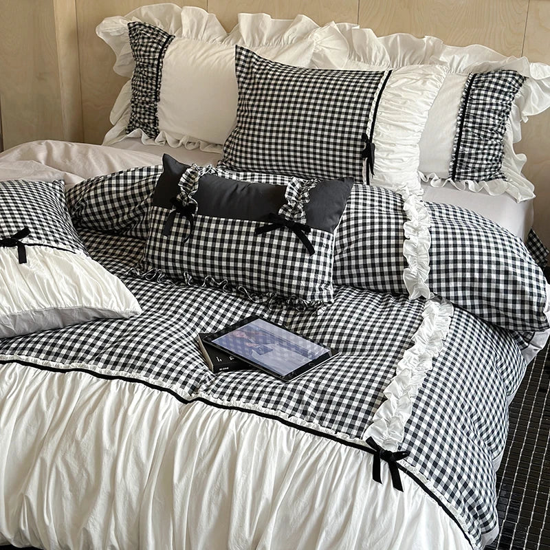 Afralia™ Checkered Ruffle Pleat Bedding Set with Bow Decoration