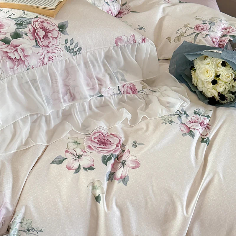 Afralia™ French Flowers Lace Ruffles Princess Bedding Set with Bed Sheet Pillowcases
