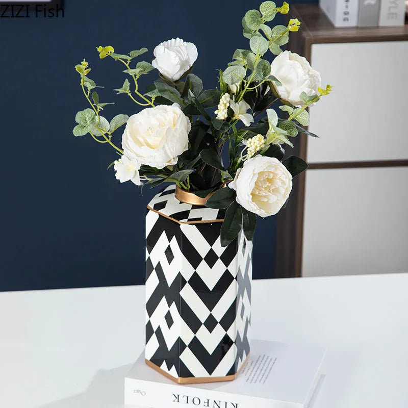 Afralia™ Striped Ceramic Storage Jar Household Vase Candy Container Modern Geometric Decoration