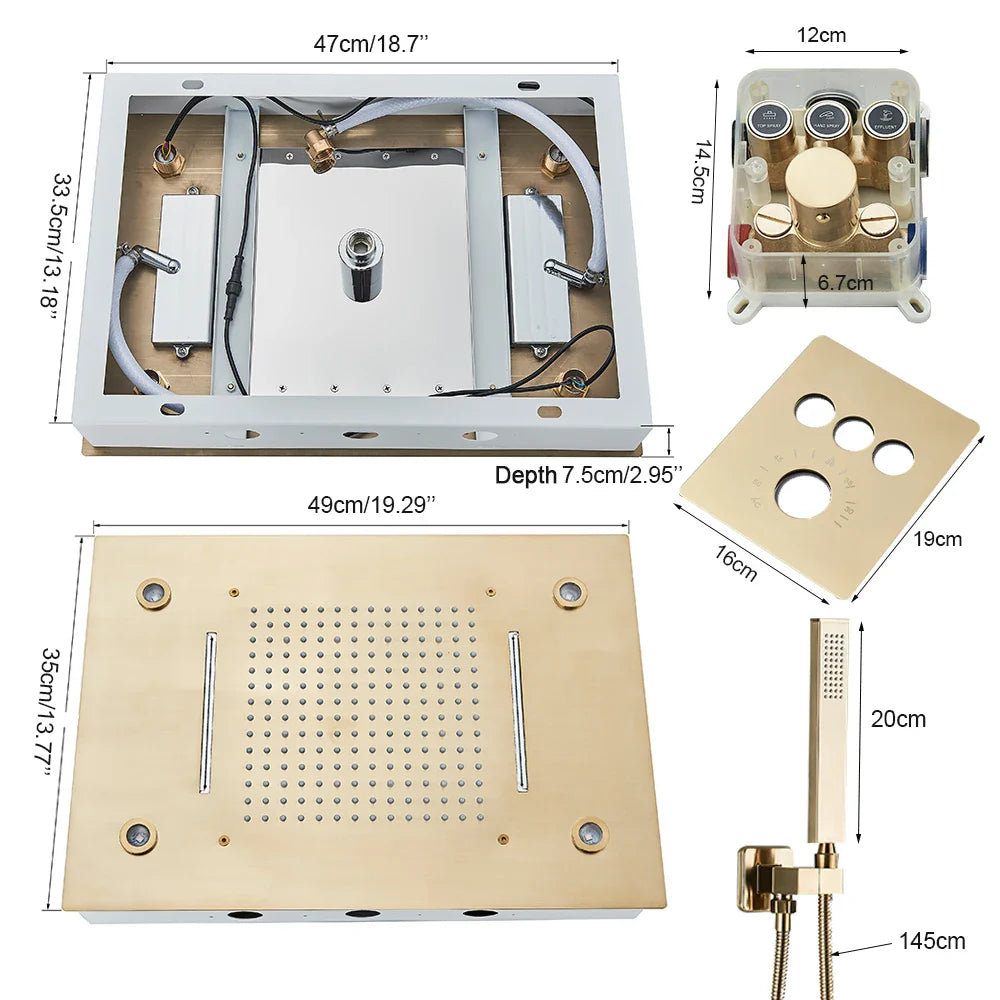 Afralia™ Brushed Gold LED Rainfall Shower Set with Thermostatic Faucet
