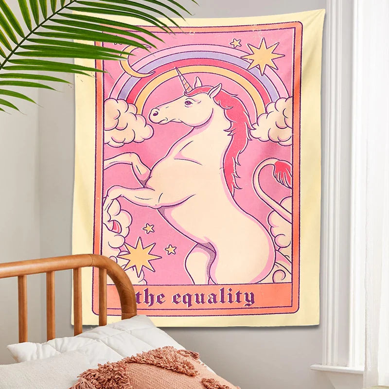 Unicorn Tarot Tapestry by Afralia™: Rainbow Bohemian Wall Decor for Home and Dorm Room