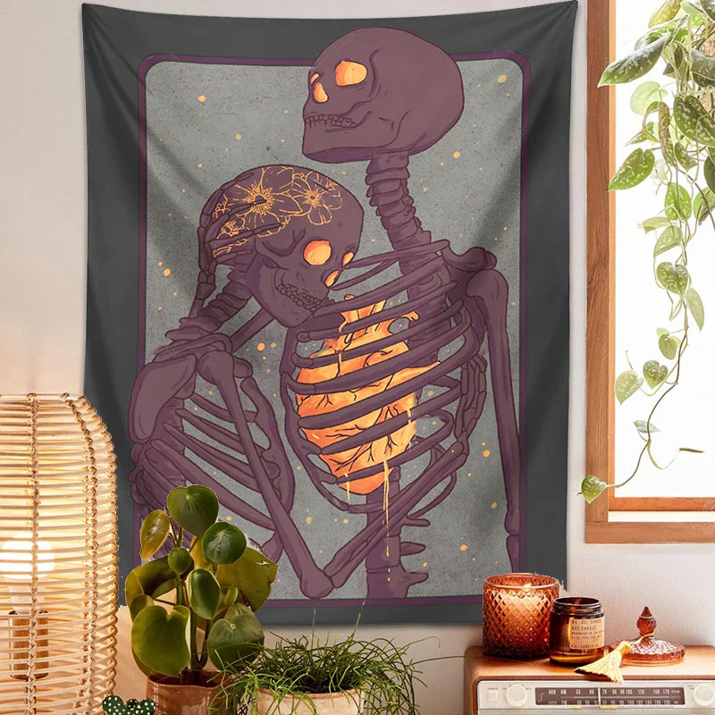 Afralia™ Skull Lover Heart Couple Psychedelic Tapestry Wall Hanging Bouquet Blanket