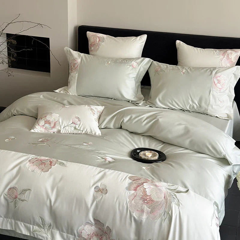 Afralia™ Pink Flowers Embroidery Luxe Bedding Set: 1000TC Egyptian Cotton Duvet Cover, Bed Sheet, Pillowcases