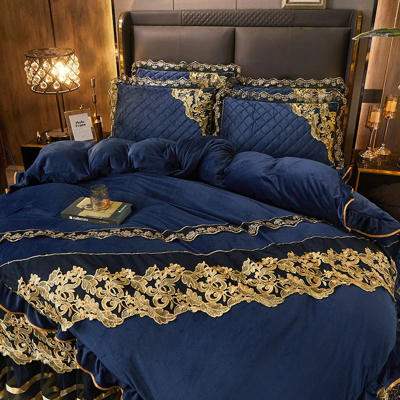 Afralia™ Black Gold Lace Duvet Set, Luxury Crystal Velvet, Quilted Embroidery, Ruffle Bedding