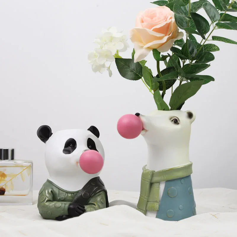 Afralia™ Animal Bust Succulent Vase Hand-Painted Resin Figure with Giraffe/Zebra/Bear/Panda Blowing Bubbles